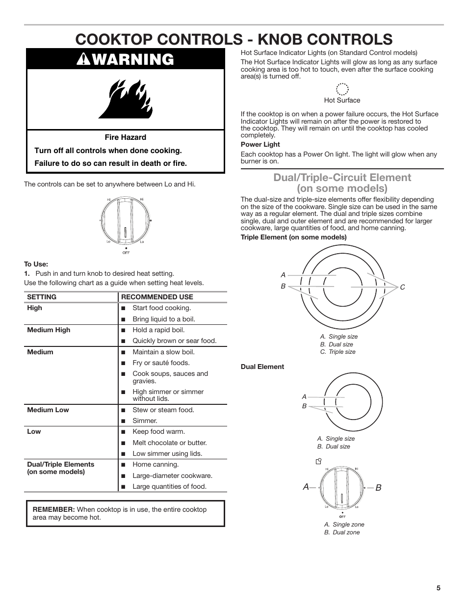 Cooktop controls - knob controls, Warning, Dual/triple-circuit element (on some models) | Whirlpool 30 Inch Electric Cooktop Use and Care Guide User Manual | Page 5 / 21