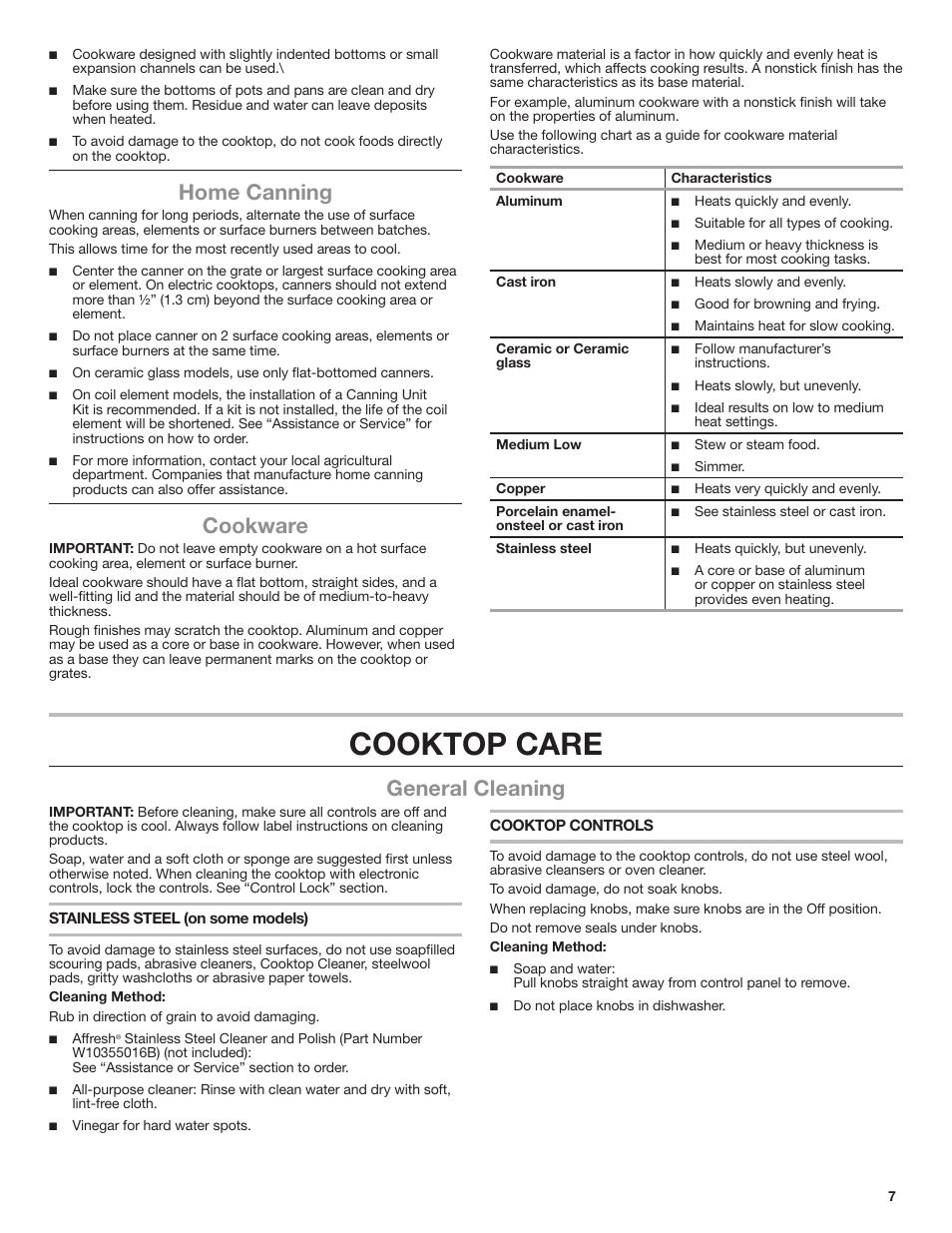 Cooktop care, Home canning, Cookware | General cleaning | Whirlpool 30 Inch Electric Cooktop Use and Care Guide User Manual | Page 7 / 21