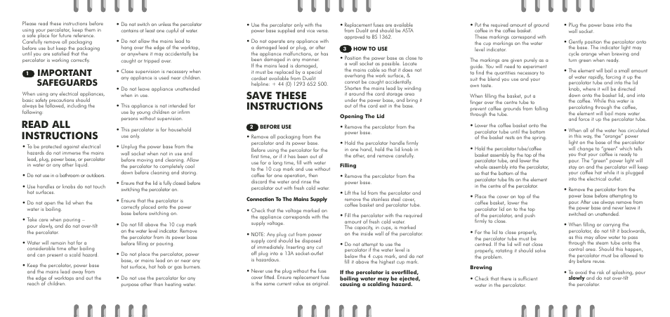 Save these instructions read all instructions, Important safeguards | Dualit the Percolator User Manual | Page 2 / 2