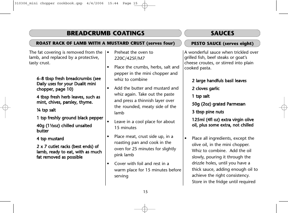 Breadcrumb coatings, Sauces | Dualit Mini Chopper 310306 User Manual | Page 15 / 22
