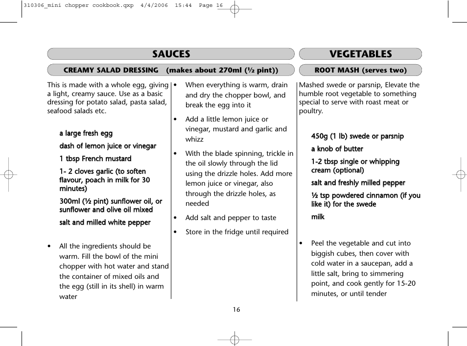 Sauces vegetables | Dualit Mini Chopper 310306 User Manual | Page 16 / 22