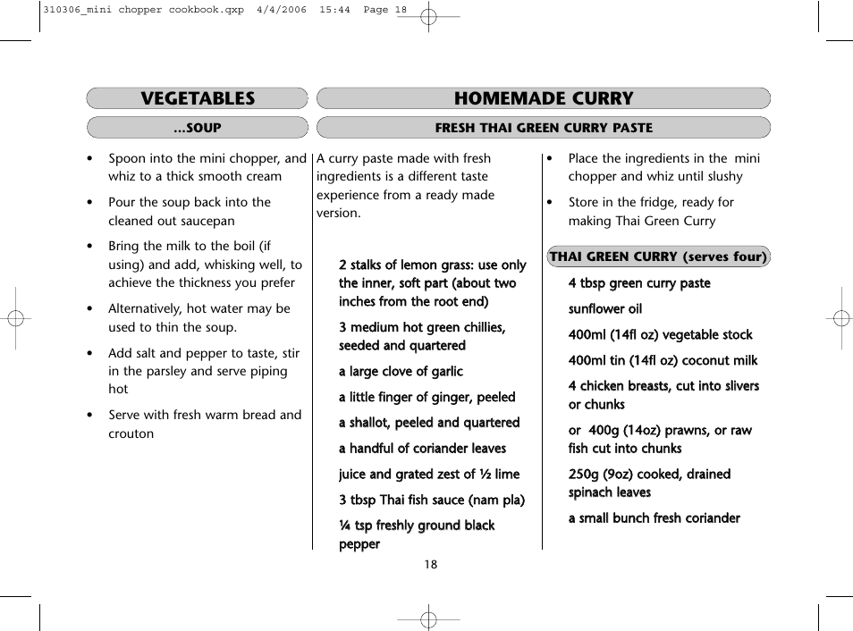 Vegetables, Homemade curry | Dualit Mini Chopper 310306 User Manual | Page 18 / 22