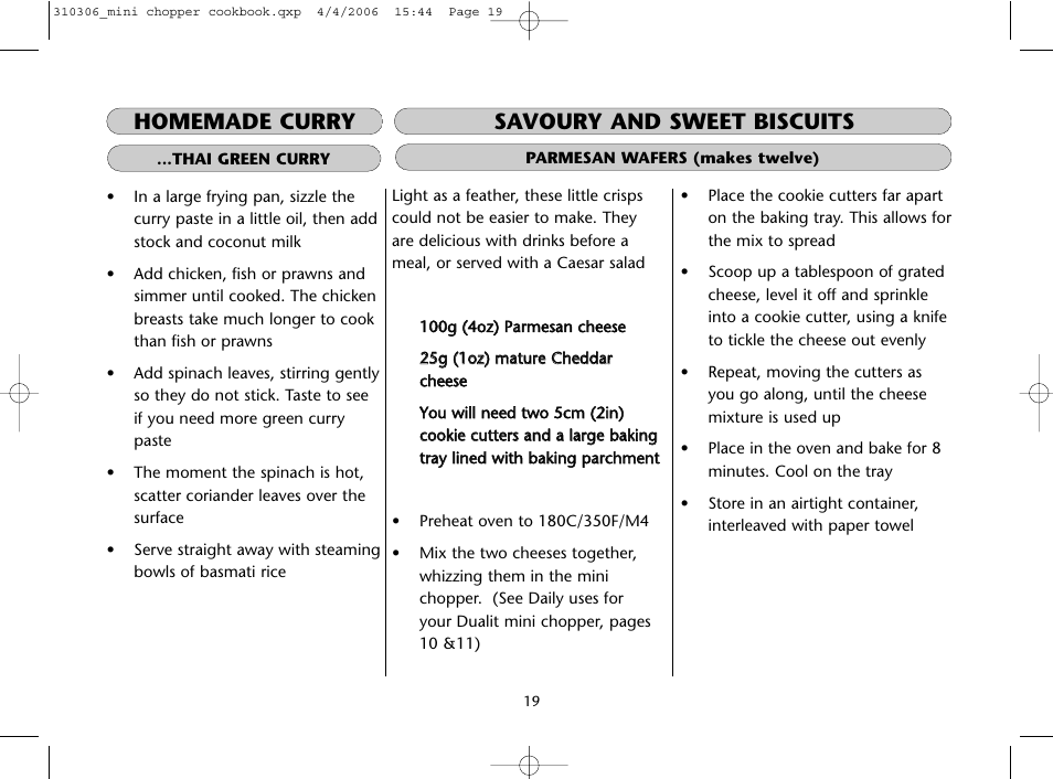 Savoury and sweet biscuits, Homemade curry | Dualit Mini Chopper 310306 User Manual | Page 19 / 22