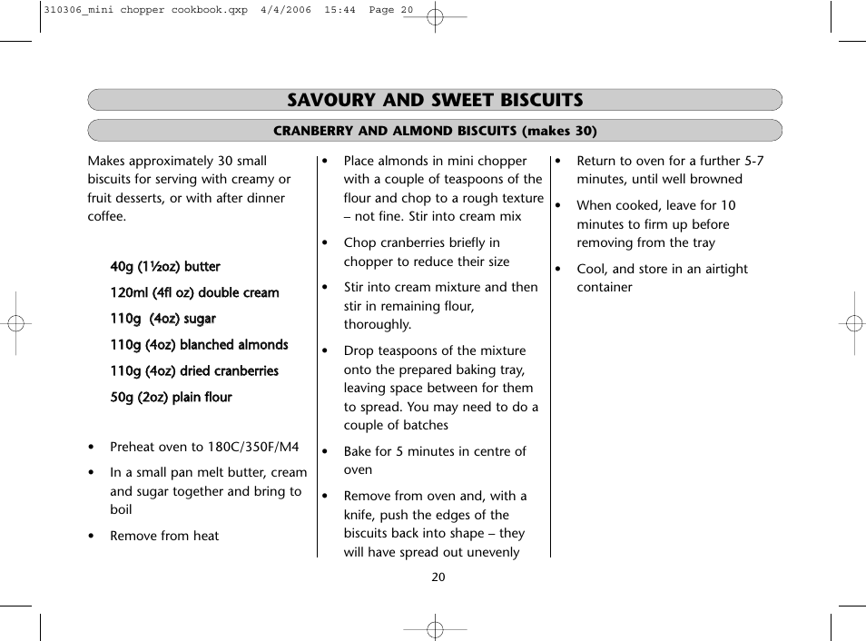 Savoury and sweet biscuits | Dualit Mini Chopper 310306 User Manual | Page 20 / 22