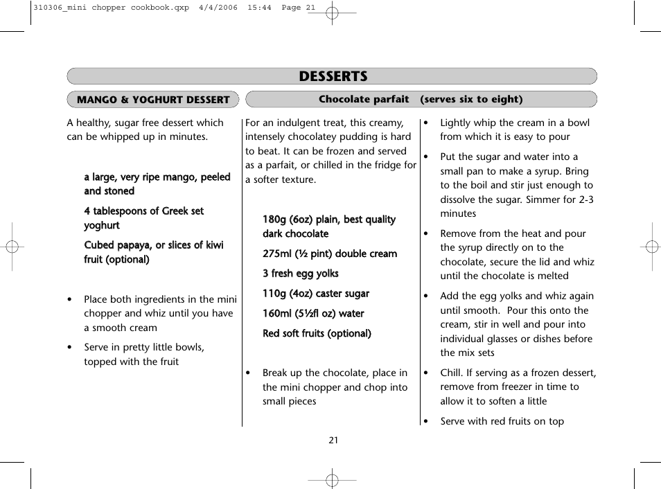 Desserts | Dualit Mini Chopper 310306 User Manual | Page 21 / 22