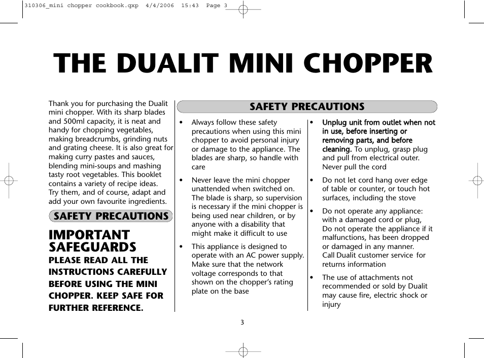 The dualit mini chopper, Important safeguards, Safety precautions | Dualit Mini Chopper 310306 User Manual | Page 3 / 22