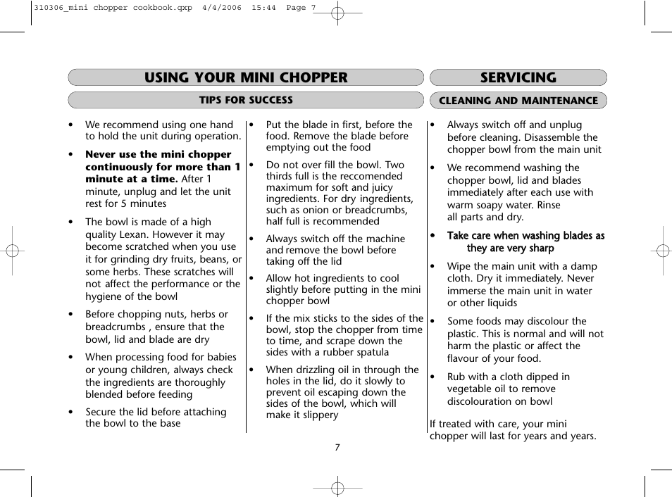 Using your mini chopper servicing | Dualit Mini Chopper 310306 User Manual | Page 7 / 22