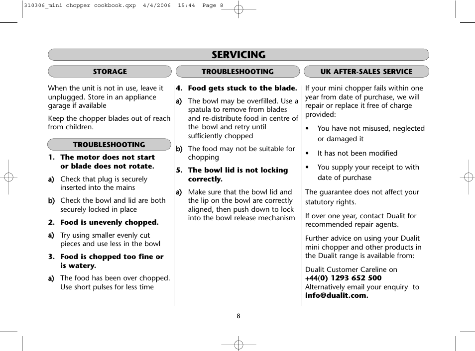 Servicing | Dualit Mini Chopper 310306 User Manual | Page 8 / 22