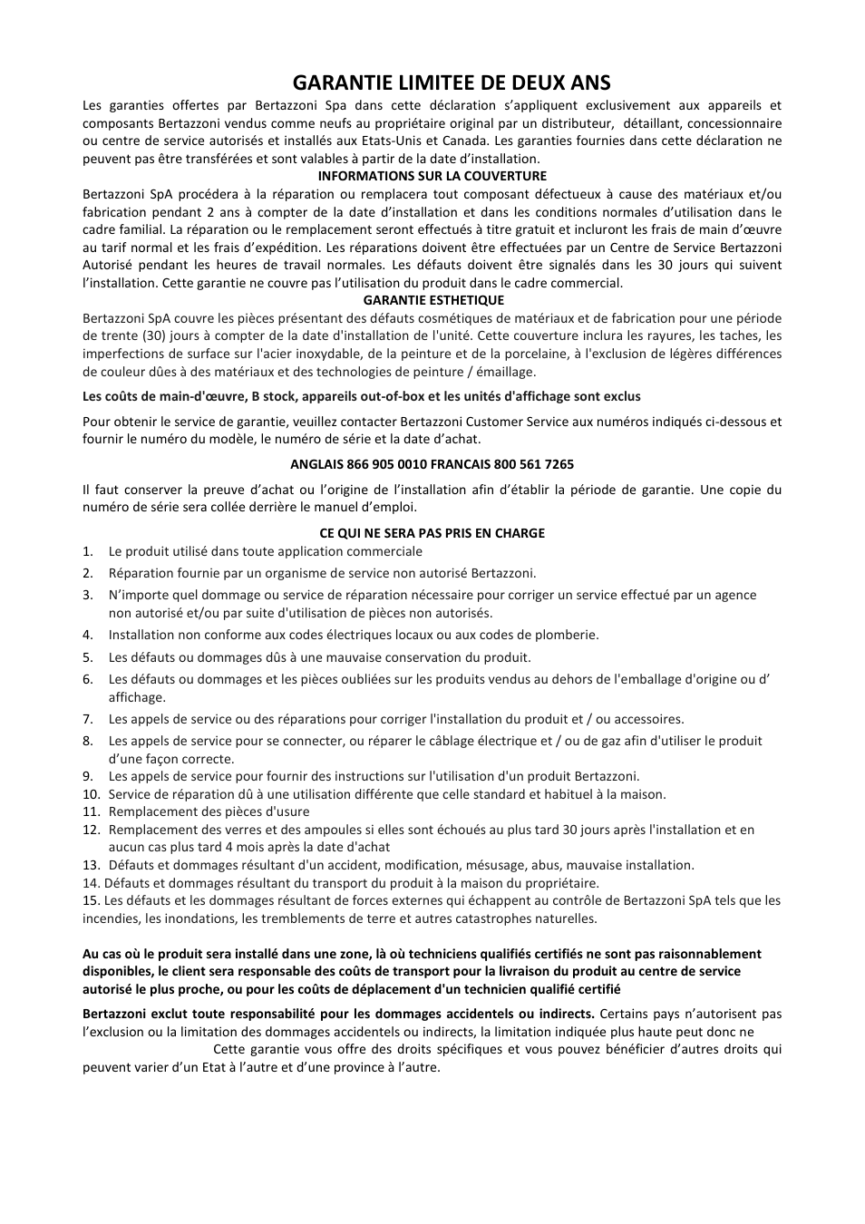 Garantie limitee de deux ans | Bertazzoni Master Series 36 Inch Gas Cooktop Owner's Guide and Installation User Manual | Page 20 / 24