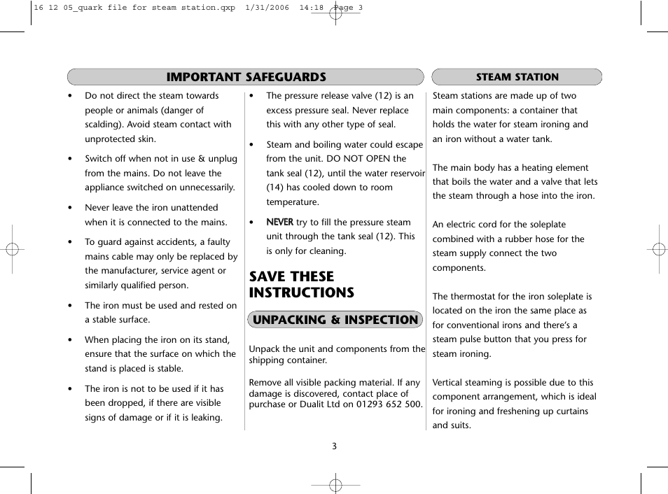 Save these instructions, Important safeguards, Unpacking & inspection | Dualit Steam Station Iron User Manual | Page 3 / 8