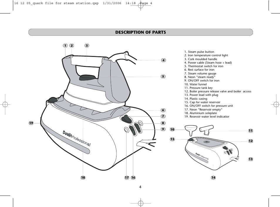 Description of parts | Dualit Steam Station Iron User Manual | Page 4 / 8