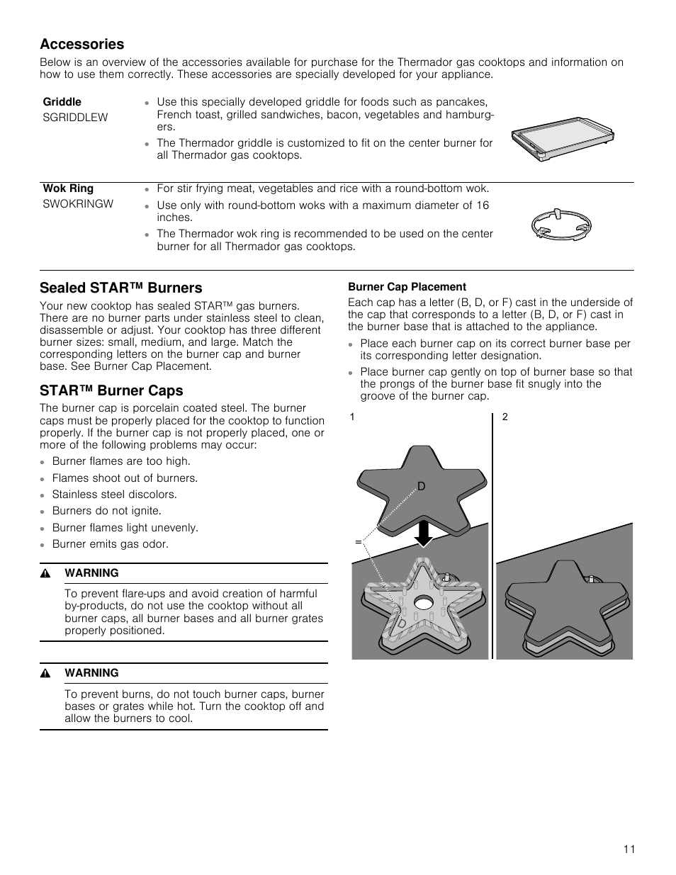 Accessories, Sealed star™ burners, Star™ burner caps | 9 warning, Burner cap placement, Ar™ burners, Ar™ burner caps | Thermador Masterpiece Series Gas Cooktop Use and Care Guide User Manual | Page 11 / 56