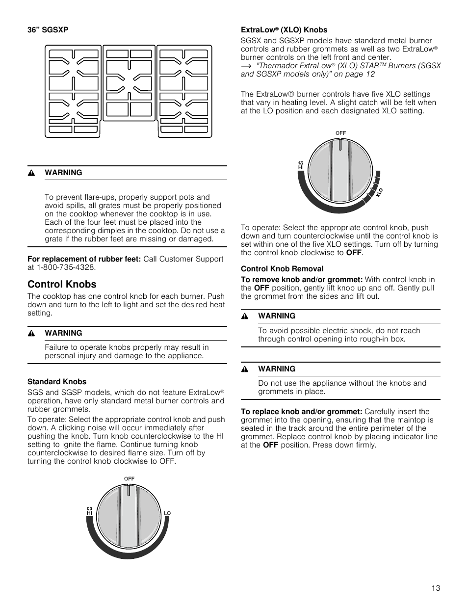 9 warning, Control knobs, Standard knobs | Extralow® (xlo) knobs, Control knob removal, L knobs | Thermador Masterpiece Series Gas Cooktop Use and Care Guide User Manual | Page 13 / 56