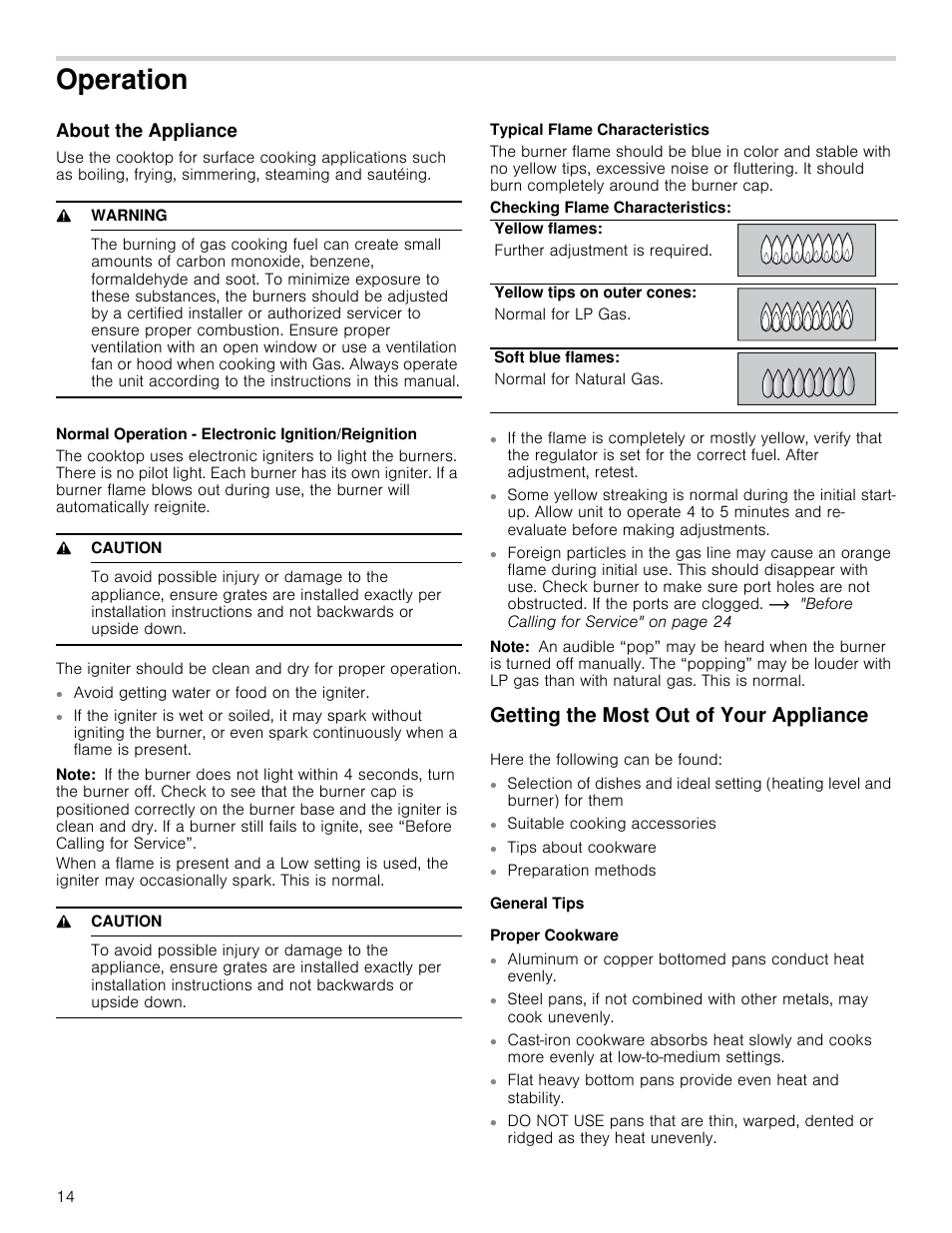 Operation, About the appliance, 9 warning | Normal operation - electronic ignition/reignition, 9 caution, Note, Typical flame characteristics, Getting the most out of your appliance, General tips, Proper cookware | Thermador Masterpiece Series Gas Cooktop Use and Care Guide User Manual | Page 14 / 56