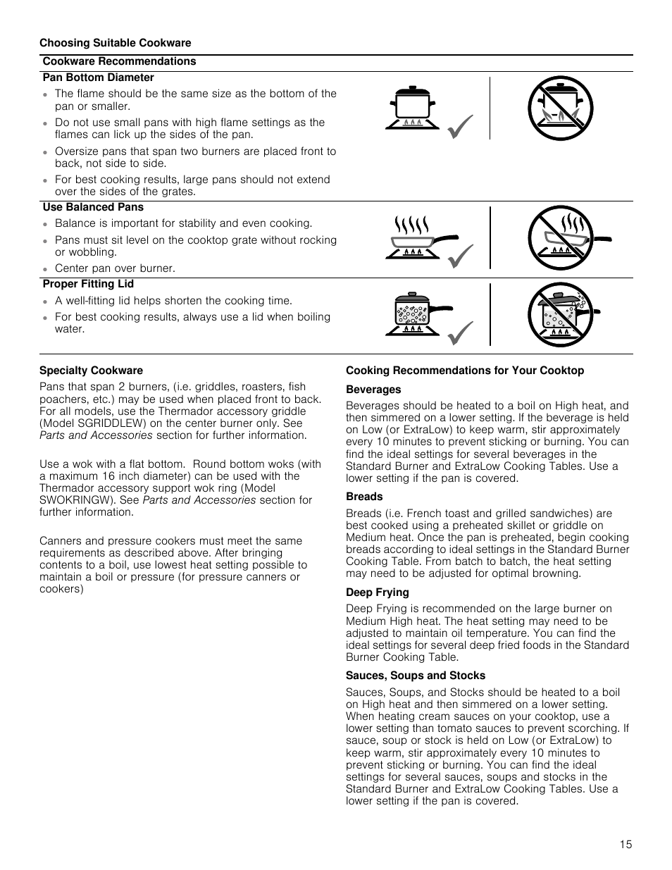 Choosing suitable cookware, Specialty cookware, Cooking recommendations for your cooktop | Beverages, Breads, Deep frying, Sauces, soups and stocks | Thermador Masterpiece Series Gas Cooktop Use and Care Guide User Manual | Page 15 / 56