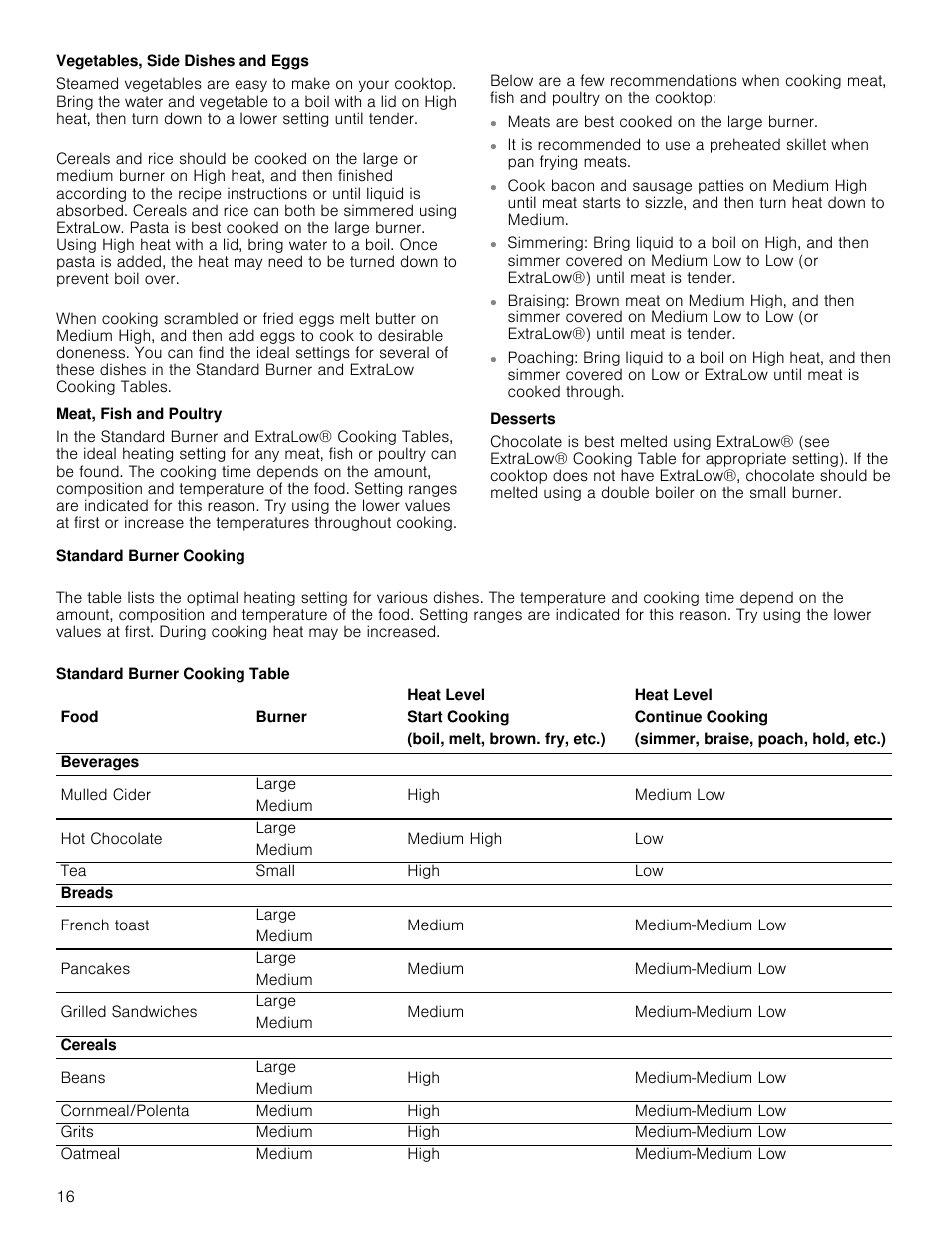 Vegetables, side dishes and eggs, Meat, fish and poultry, Desserts | Standard burner cooking | Thermador Masterpiece Series Gas Cooktop Use and Care Guide User Manual | Page 16 / 56