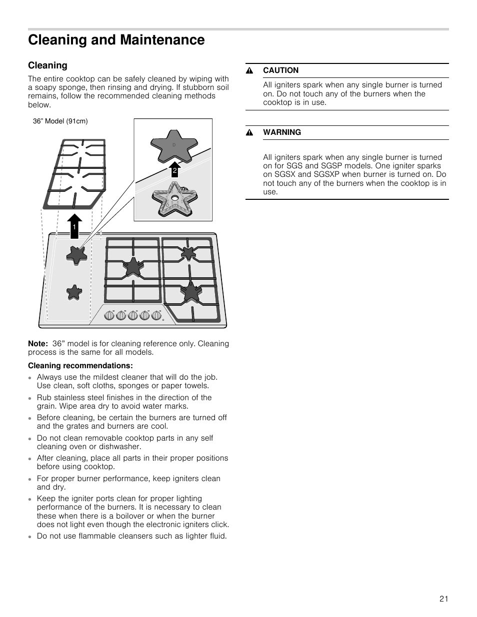 Cleaning and maintenance, Cleaning, Note | Cleaning recommendations, 9 caution, 9 warning | Thermador Masterpiece Series Gas Cooktop Use and Care Guide User Manual | Page 21 / 56