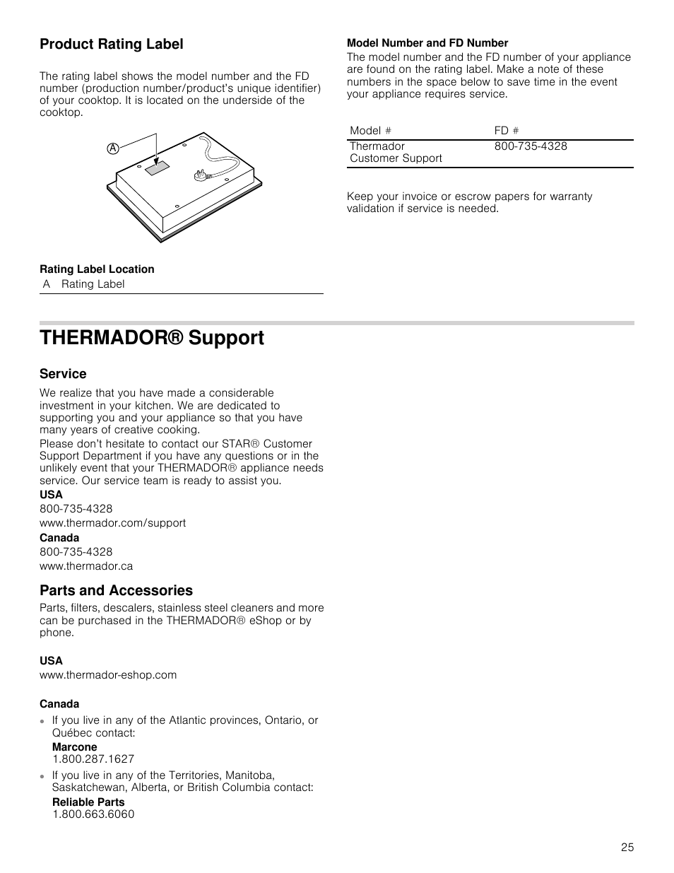 Product rating label, Thermador® support, Service | Parts and accessories, Oduct rating label, Service parts and accessories | Thermador Masterpiece Series Gas Cooktop Use and Care Guide User Manual | Page 25 / 56