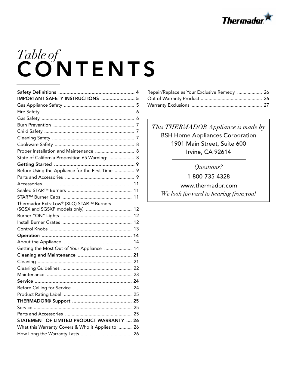Table of contentsuse and care manual, Table of | Thermador Masterpiece Series Gas Cooktop Use and Care Guide User Manual | Page 3 / 56