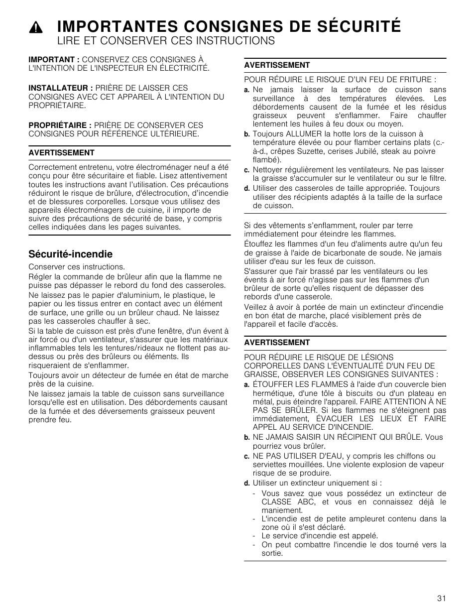 Avertissement, Sécurité-incendie, Pour réduire le risque d’un feu de friture | D. utiliser un extincteur uniquement si, Importantes consignes de sécurité, Lire et conserver ces instructions | Thermador Masterpiece Series Gas Cooktop Use and Care Guide User Manual | Page 31 / 56
