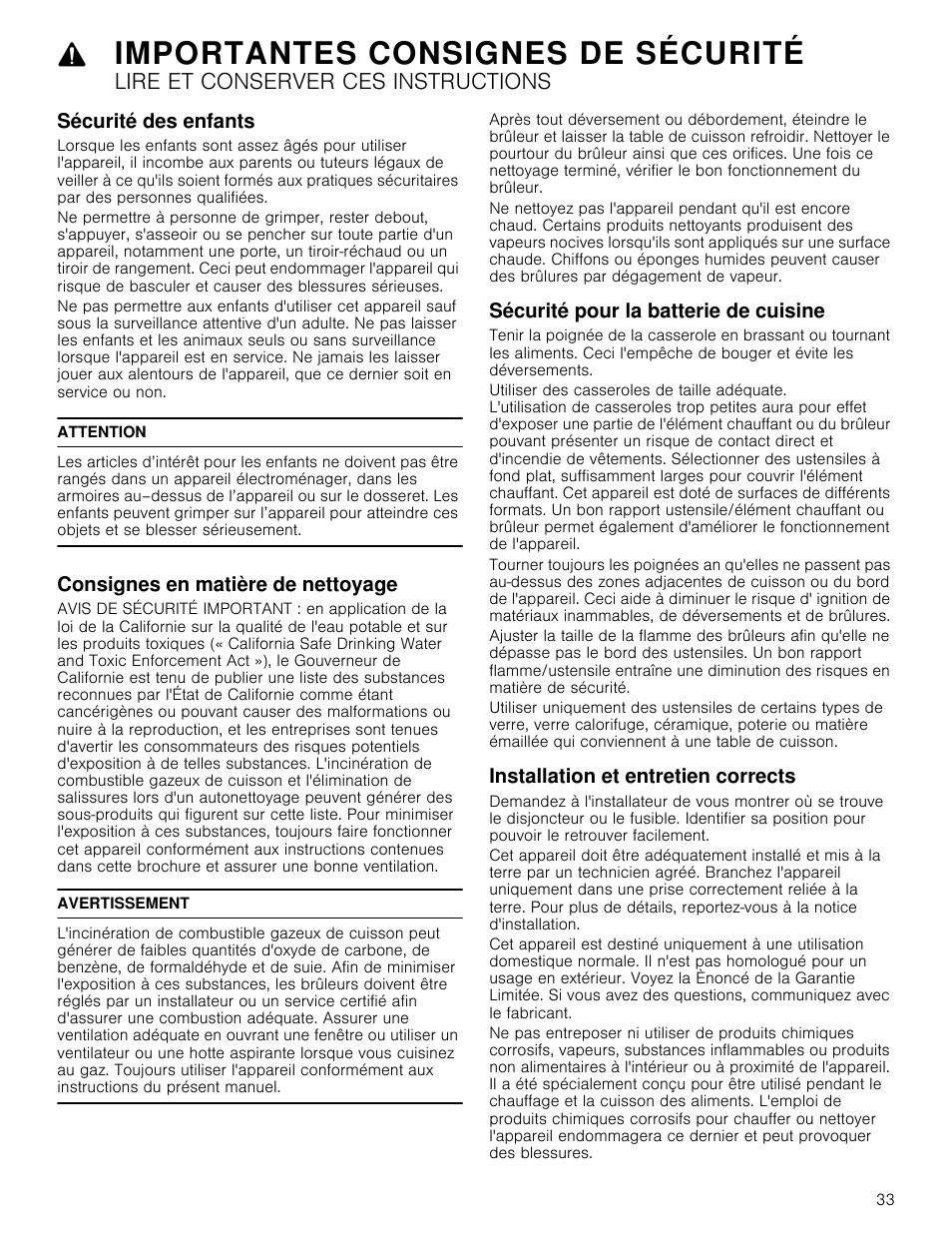 Sécurité des enfants, Attention, Consignes en matière de nettoyage | Avertissement, Sécurité pour la batterie de cuisine, Installation et entretien corrects, De nettoyage sécurité pour la batterie de cuisine, Ects, Importantes consignes de sécurité, Lire et conserver ces instructions | Thermador Masterpiece Series Gas Cooktop Use and Care Guide User Manual | Page 33 / 56