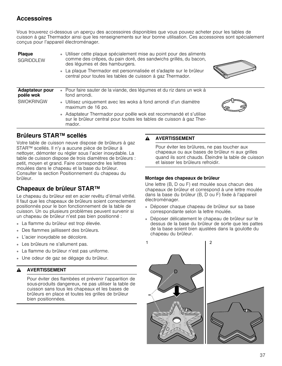 Accessoires, Brûleurs star™ scellés, Chapeaux de brûleur star | 9 avertissement, Montage des chapeaux de brûleur, Ar™ scellés | Thermador Masterpiece Series Gas Cooktop Use and Care Guide User Manual | Page 37 / 56