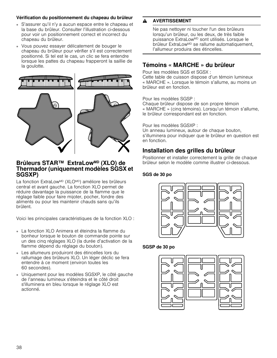 9 avertissement, Témoins « marche » du brûleur, Installation des grilles du brûleur | Uniquement modèles sgsx et sgsxp), Brûleurs star™ extralow | Thermador Masterpiece Series Gas Cooktop Use and Care Guide User Manual | Page 38 / 56