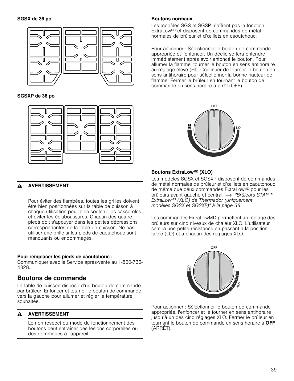 9 avertissement, Boutons de commande, Boutons normaux | Boutons extralowmd (xlo) | Thermador Masterpiece Series Gas Cooktop Use and Care Guide User Manual | Page 39 / 56