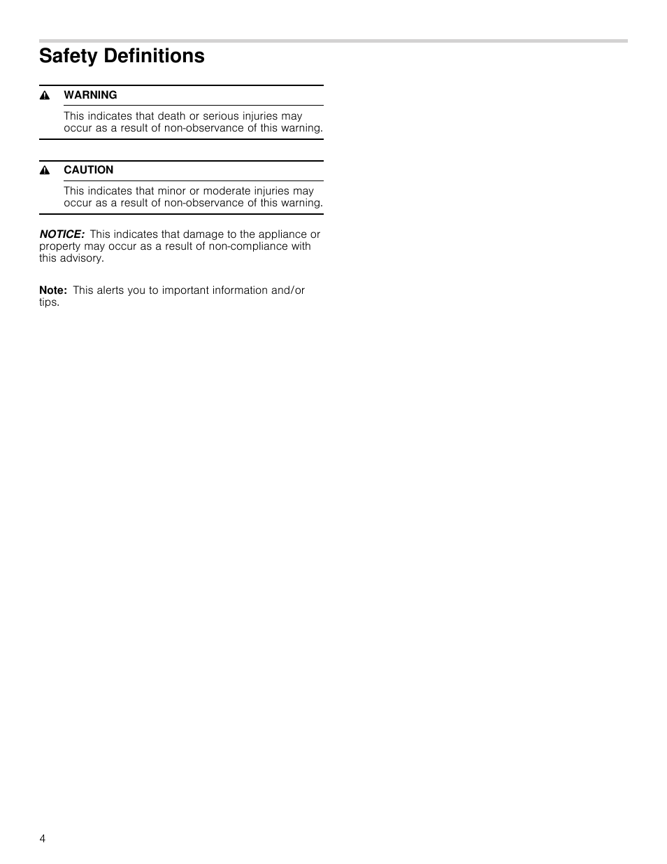 Safety definitions, 9 warning, 9 caution | Notice, Note | Thermador Masterpiece Series Gas Cooktop Use and Care Guide User Manual | Page 4 / 56