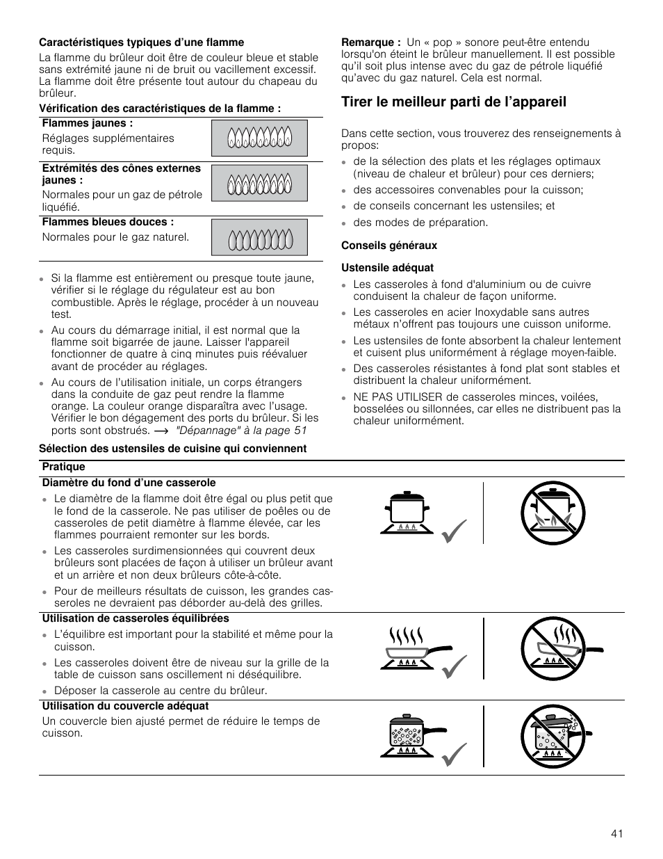 Caractéristiques typiques d’une flamme, Remarque, Tirer le meilleur parti de l’appareil | Conseils généraux, Ustensile adéquat | Thermador Masterpiece Series Gas Cooktop Use and Care Guide User Manual | Page 41 / 56