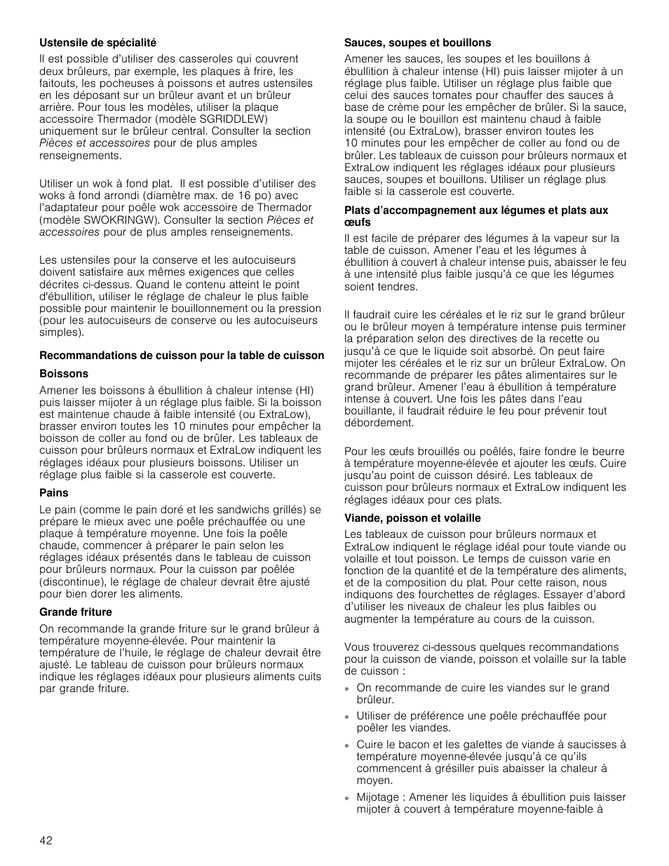 Ustensile de spécialité, Boissons, Pains | Grande friture, Sauces, soupes et bouillons, Viande, poisson et volaille | Thermador Masterpiece Series Gas Cooktop Use and Care Guide User Manual | Page 42 / 56