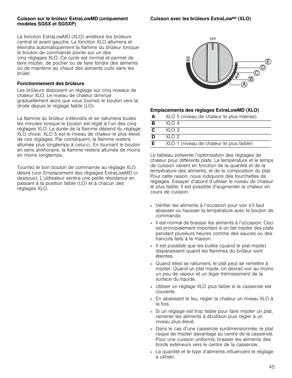 Fonctionnement des brûleurs, Cuisson avec les brûleurs extralowmd (xlo) | Thermador Masterpiece Series Gas Cooktop Use and Care Guide User Manual | Page 45 / 56