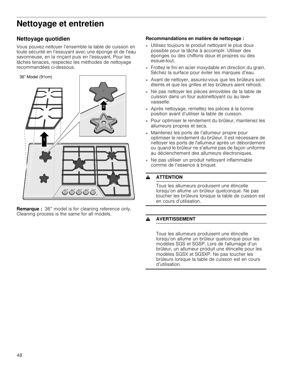 Nettoyage et entretien, Nettoyage quotidien, Remarque | Recommandations en matière de nettoyage, 9 attention, 9 avertissement, Tien | Thermador Masterpiece Series Gas Cooktop Use and Care Guide User Manual | Page 48 / 56