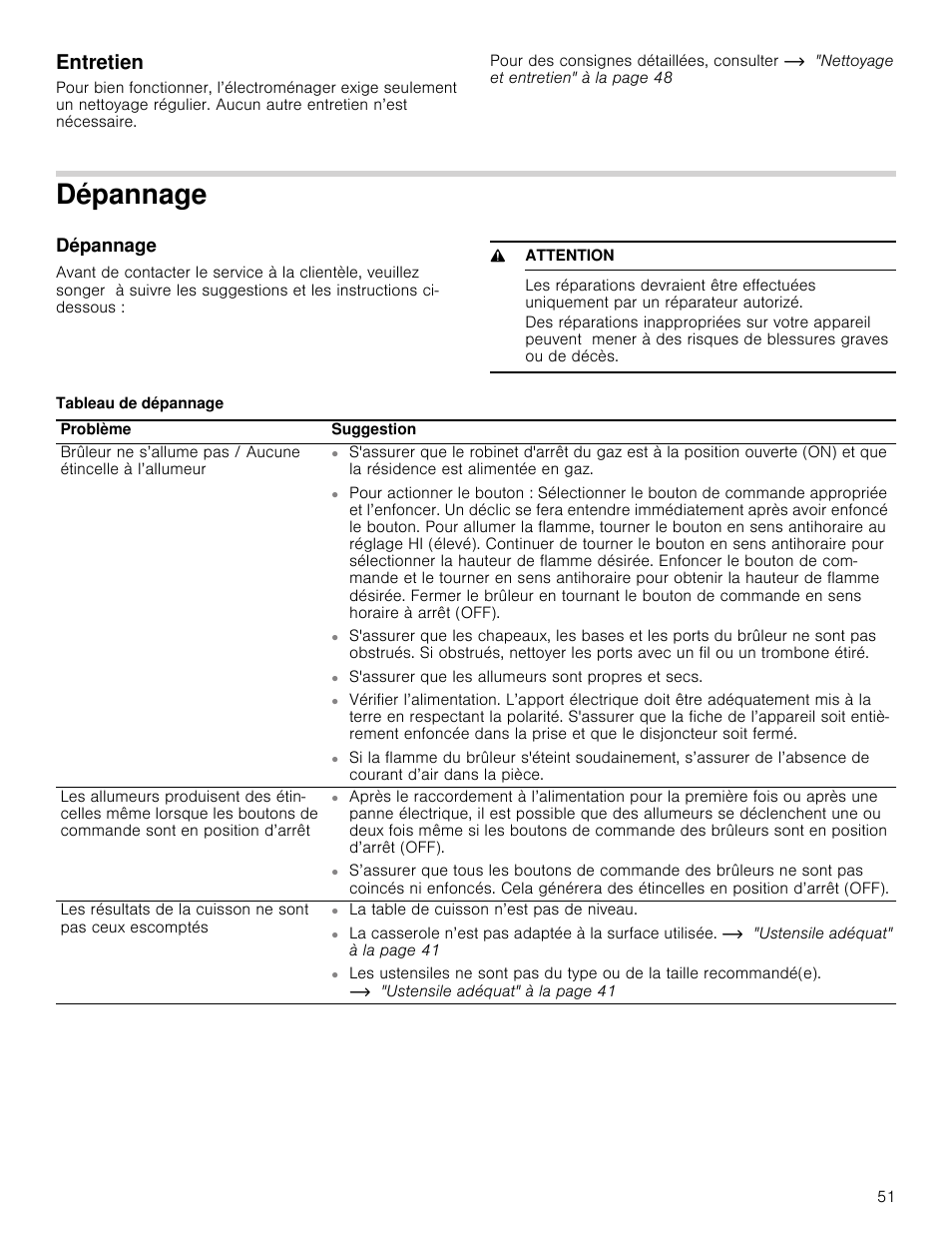 Entretien, Dépannage, 9 attention | Tableau de dépannage, Tien | Thermador Masterpiece Series Gas Cooktop Use and Care Guide User Manual | Page 51 / 56