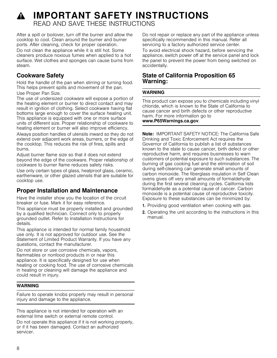 Cookware safety, Proper installation and maintenance, Warning | State of california proposition 65 warning, Note, Providing good ventilation when cooking with gas, E safety, Oper installation and maintenance, Rning, Important safety instructions | Thermador Masterpiece Series Gas Cooktop Use and Care Guide User Manual | Page 8 / 56