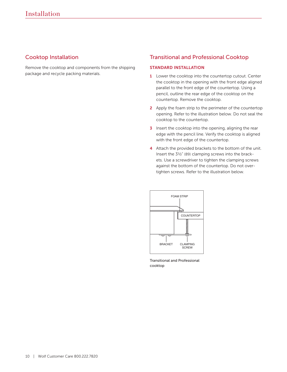 Installation, Transitional and professional cooktop, Cooktop installation | Wolf 36 Inch Cooktop Installation Guide User Manual | Page 10 / 44