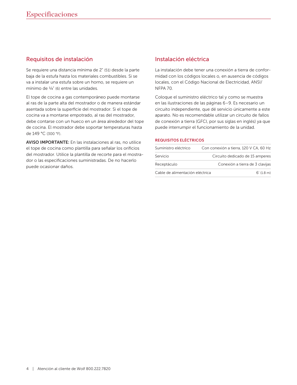 Especificaciones, Requisitos de instalación, Instalación eléctrica | Wolf 36 Inch Cooktop Installation Guide User Manual | Page 18 / 44