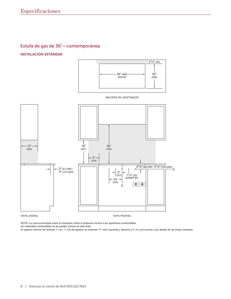 Especificaciones, Estufa de gas de 36"—contemporánea | Wolf 36 Inch Cooktop Installation Guide User Manual | Page 22 / 44