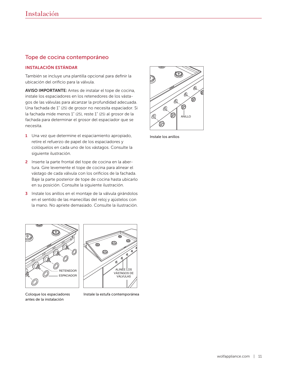 Instalación, Tope de cocina contemporáneo | Wolf 36 Inch Cooktop Installation Guide User Manual | Page 25 / 44