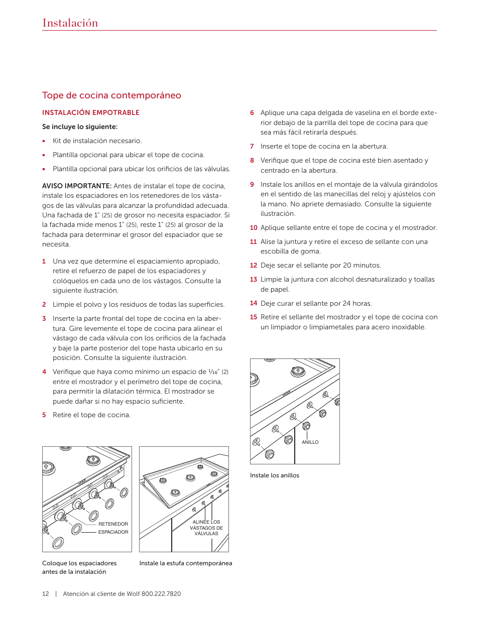 Instalación, Tope de cocina contemporáneo | Wolf 36 Inch Cooktop Installation Guide User Manual | Page 26 / 44