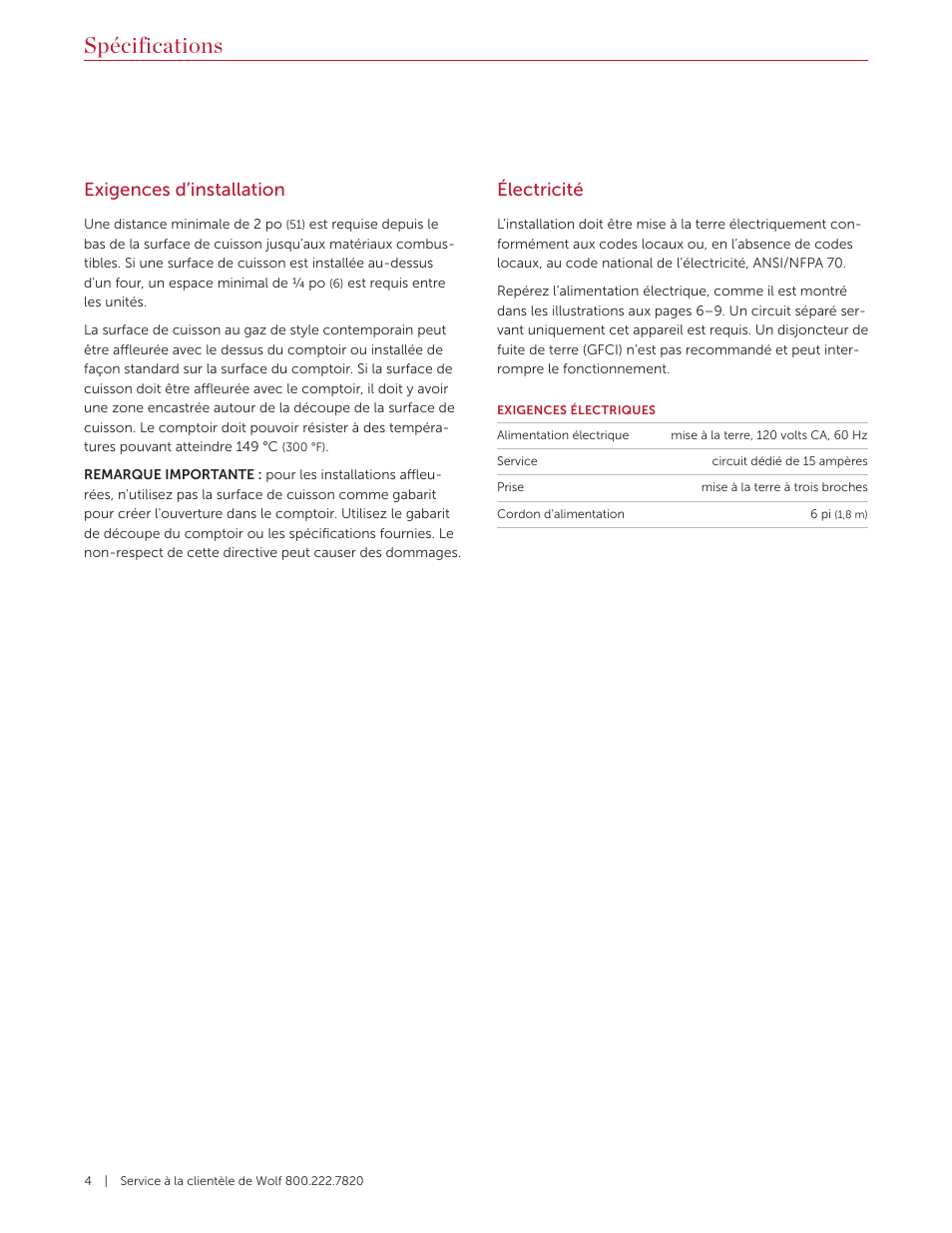 Spécifications, Exigences d’installation, Électricité | Wolf 36 Inch Cooktop Installation Guide User Manual | Page 32 / 44