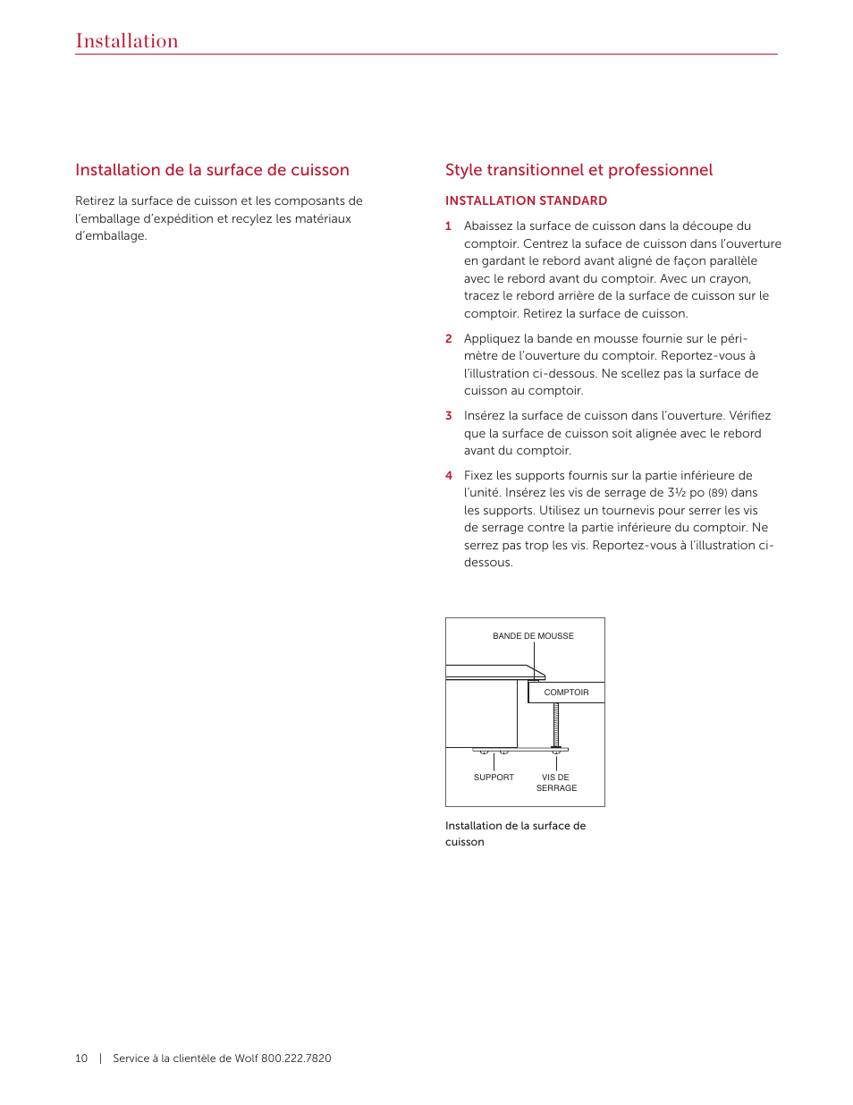 Installation, Installation de la surface de cuisson, Style transitionnel et professionnel | Wolf 36 Inch Cooktop Installation Guide User Manual | Page 38 / 44