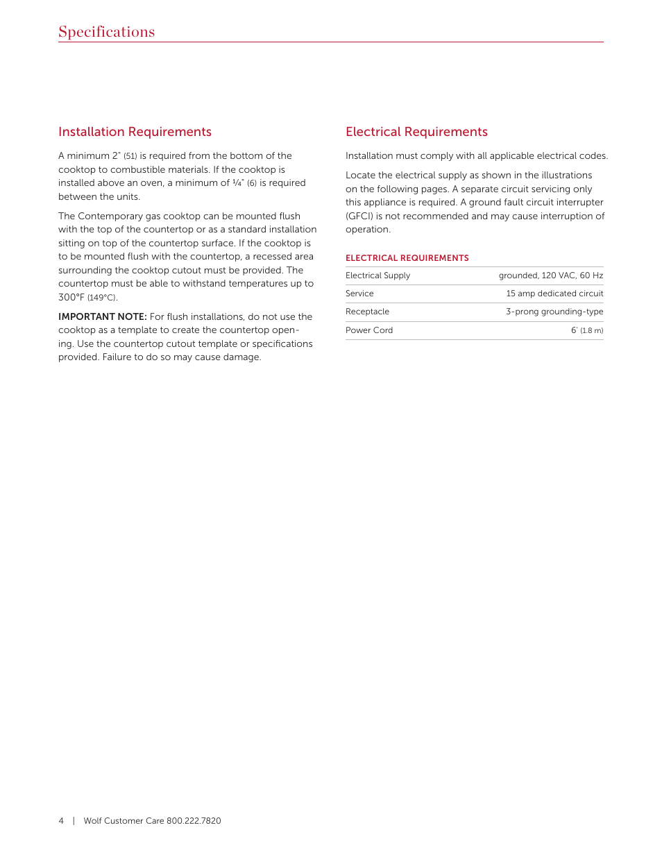 Specifications, Installation requirements, Electrical requirements | Wolf 36 Inch Cooktop Installation Guide User Manual | Page 4 / 44