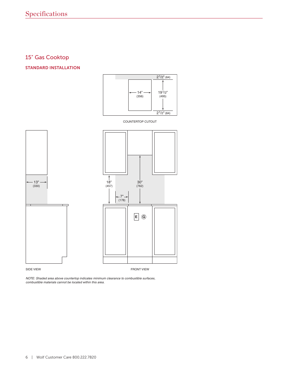 Specifications, 15" gas cooktop | Wolf 36 Inch Cooktop Installation Guide User Manual | Page 6 / 44