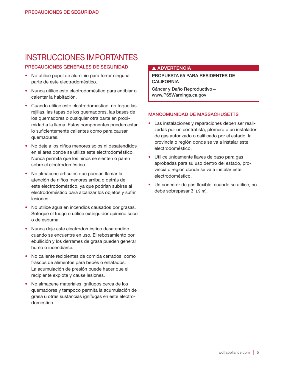 Instrucciones importantes | Wolf 36 Inch Cooktop Use and Care Guide User Manual | Page 15 / 32