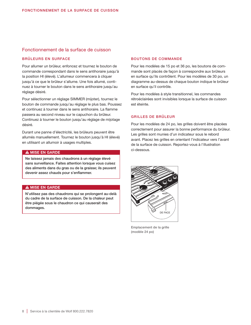 Fonctionnement de la surface de cuisson | Wolf 36 Inch Cooktop Use and Care Guide User Manual | Page 28 / 32
