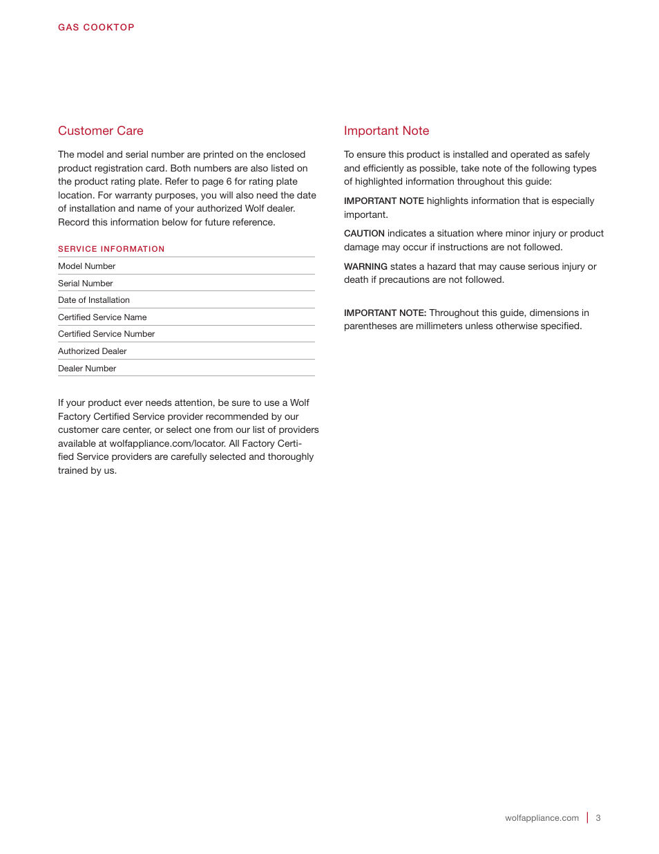 Customer care | Wolf 36 Inch Cooktop Use and Care Guide User Manual | Page 3 / 32