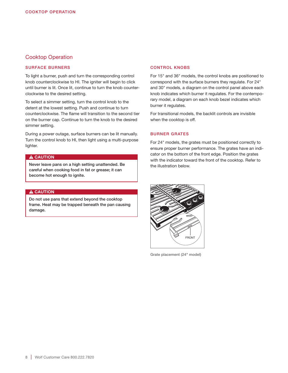 Cooktop operation | Wolf 36 Inch Cooktop Use and Care Guide User Manual | Page 8 / 32