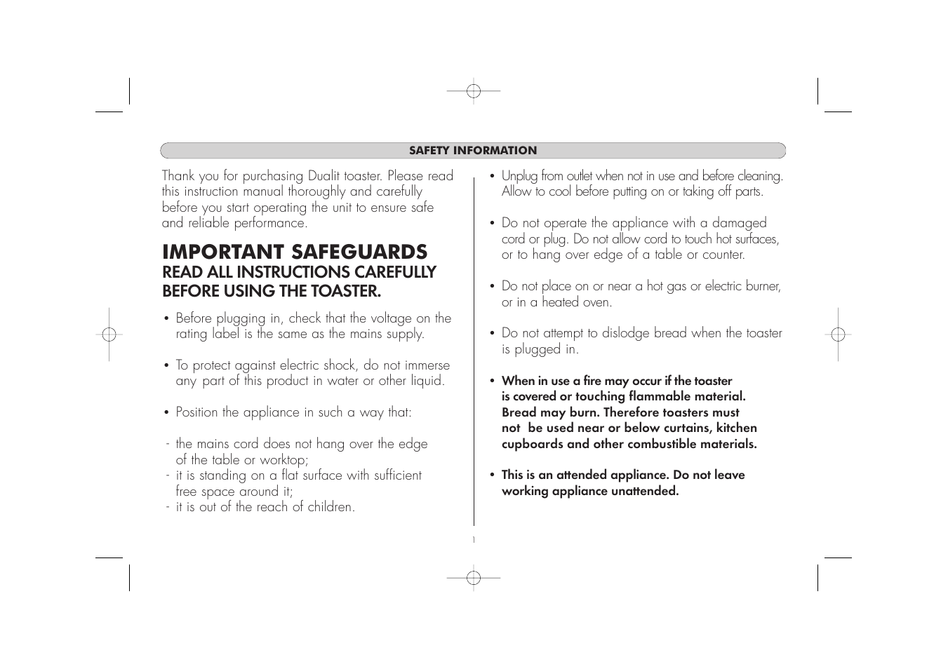Important safeguards | Dualit DUAL TOASTER 2 AND 4 SLOT MODELS User Manual | Page 2 / 8