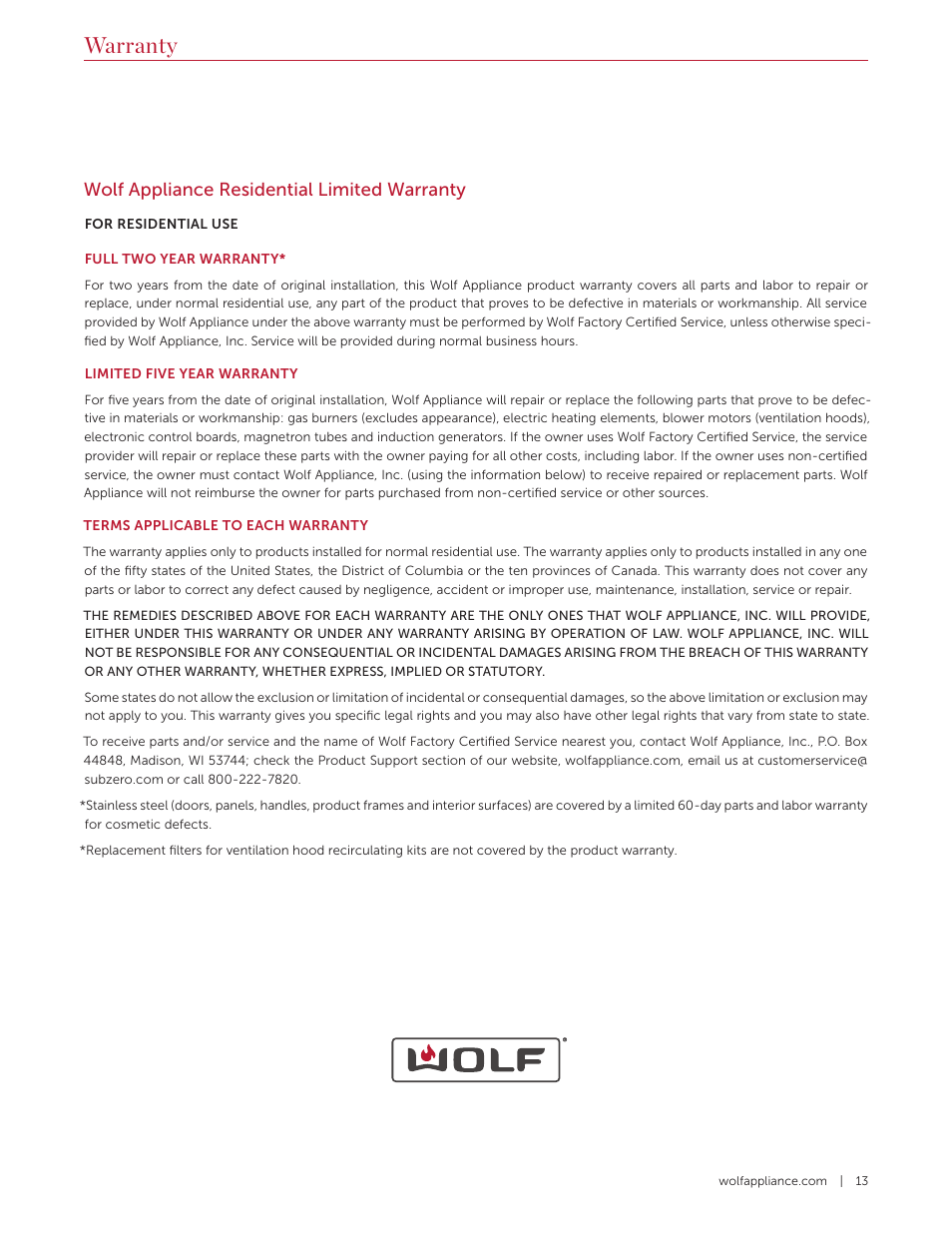 Warranty, Wolf appliance residential limited warranty | Wolf Contemporary 36 Inch Induction Cooktop Use and Care Guide User Manual | Page 13 / 40